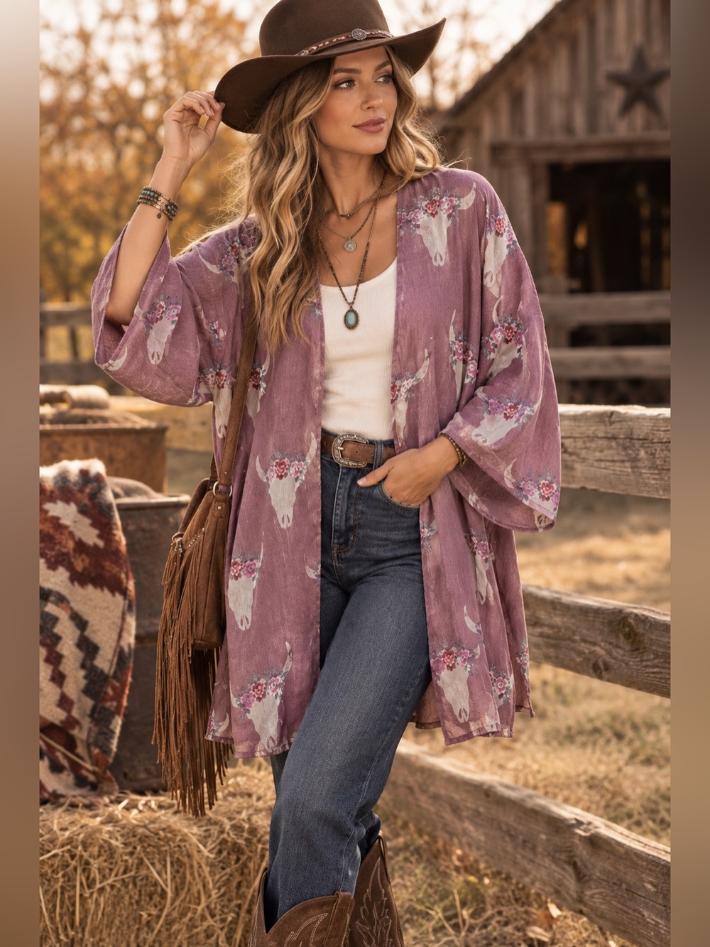 Open Front Lightweight Kimono Cardigan Mauve Floral Boho Longhorn Skull Med